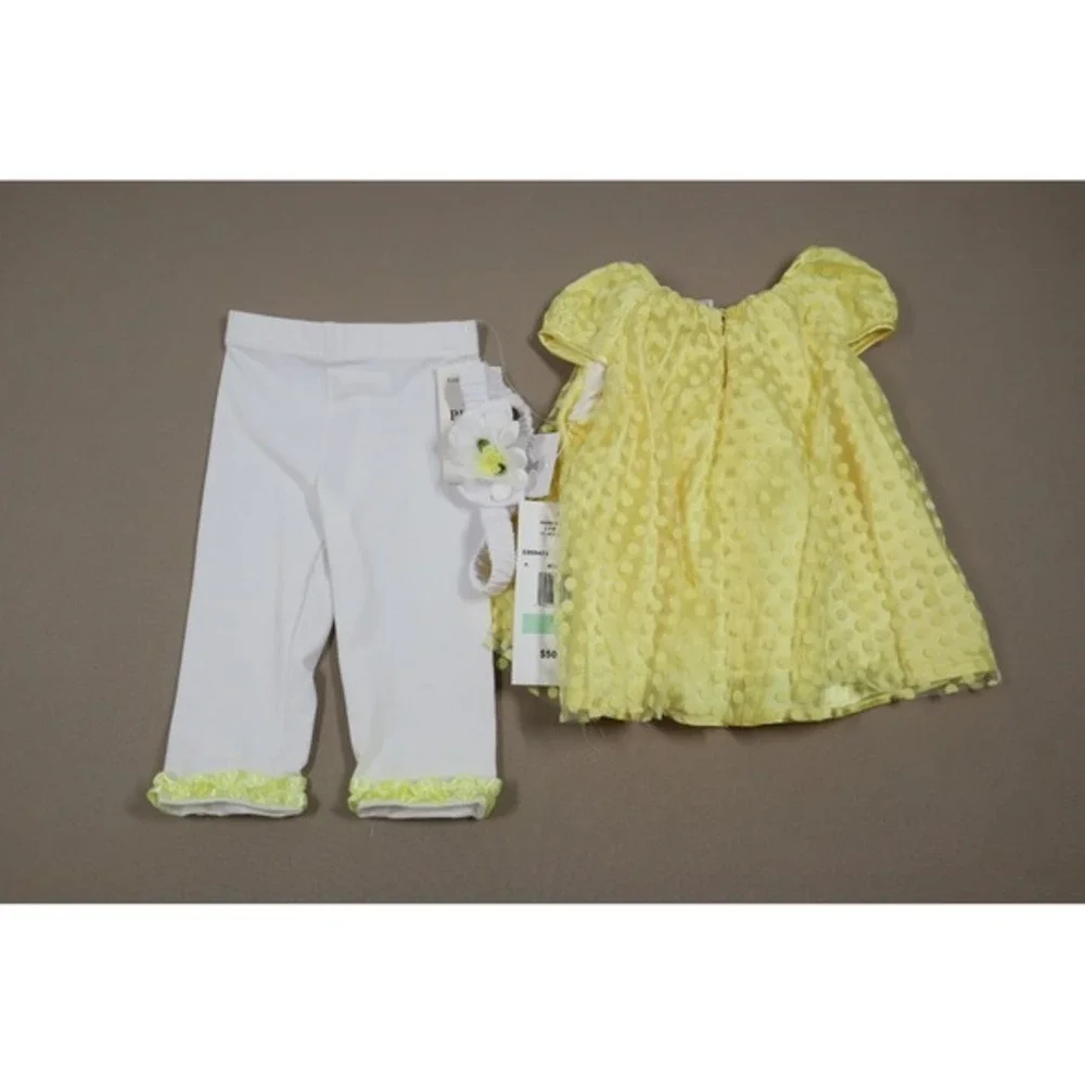 Rare Editions Baby Girls‎ Dot Mesh Top, Legging, Headband, 3 Piece Set - Yellow